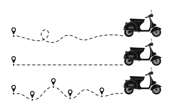 混合图标虚线路径与起点 一套带有位置或地图销和点缀路线的摩托车或摩托车路径跟踪装置 矢量说明 — 图库矢量图片