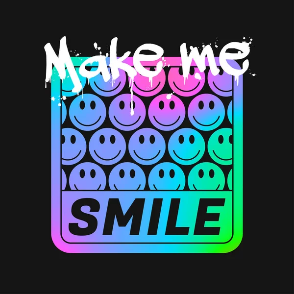 Warna Holografik Tersenyum Untuk Desain Kaos Dengan Slogan Emoji Asam - Stok Vektor
