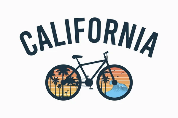 California Bicicletta Design Shirt Shirt Bici Con Palme Fenicottero Onde — Vettoriale Stock