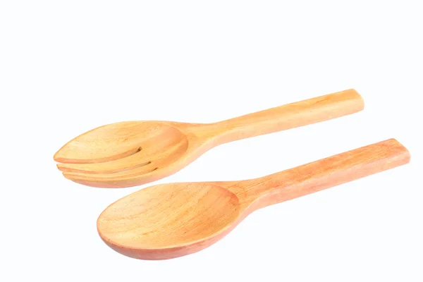 Cucchiaio di legno e forchetta su sfondo bianco — Foto Stock