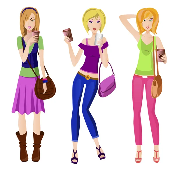 Chicas de moda con grandes tazas de café Ilustraciones de stock libres de derechos