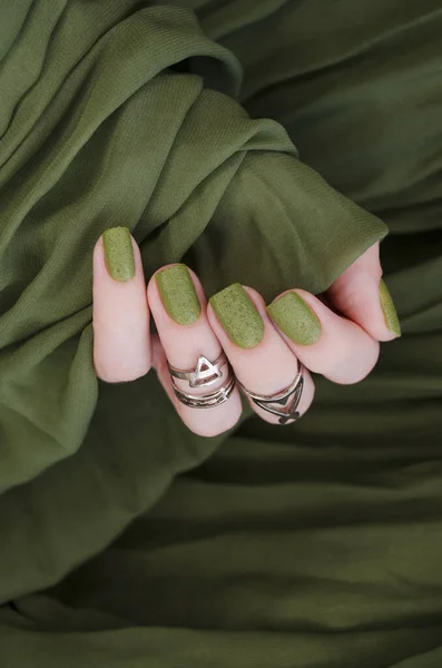 Closeup Top View Beautiful Painted Green Nails Isolated Green Fabric — Stock Photo, Image