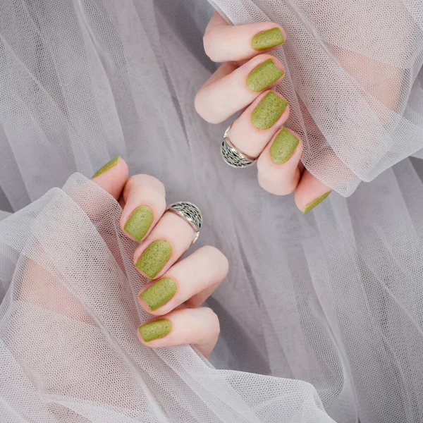 Closeup Top View Beautiful Painted Green Nails Isolated Grey Lace — Stock Photo, Image