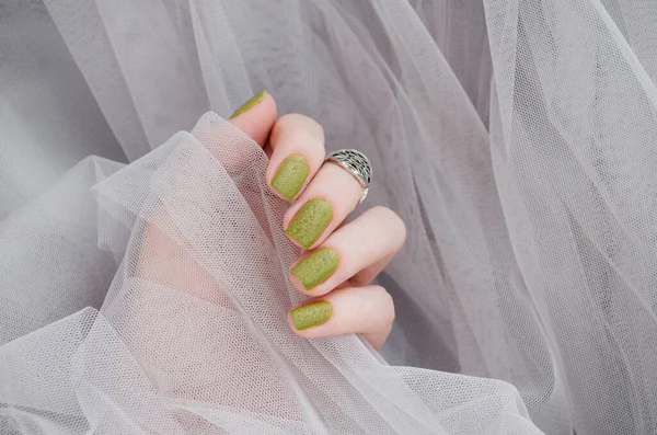 Closeup Top View Beautiful Painted Green Nails Isolated Grey Lace — Stock Photo, Image