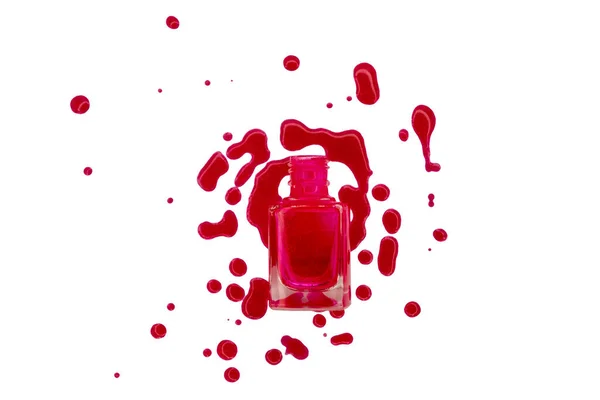 Smalto Rosso Sfondo Bianco Isolato Bottiglia Smaltata Con Spruzzi Astratti — Foto Stock
