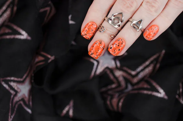 Orange Matte Nails Black Blurry Star Background Halloween Nail Art — Stock Photo, Image