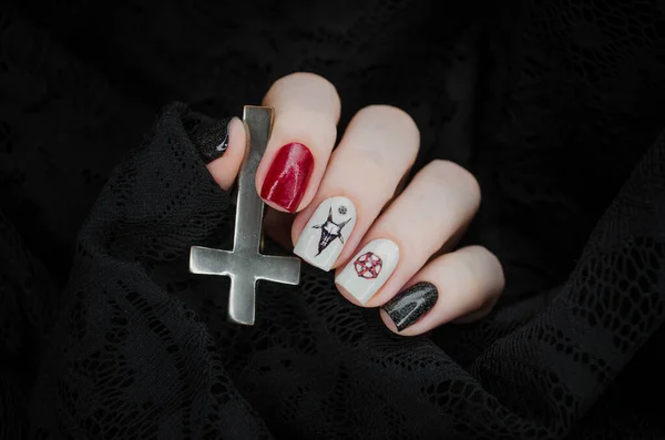 Black Red Gothic Manicure Mystic Nail Art Creative Nail Concept — Stock Photo, Image