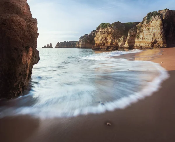 Sea Waves Praia Dona Ana Beach Rock Formations Sunrise Long — Stock Photo, Image