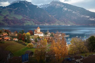 Spiez Kalesi ve Thun Gölü ile Spiez Kasabası 'nın havadan görünüşü - Spiez, İsviçre