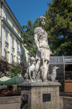 Rynok Meydanı 'ndaki Diana Çeşmesi - 1810 civarında inşa edildi - Lviv, Ukrayna