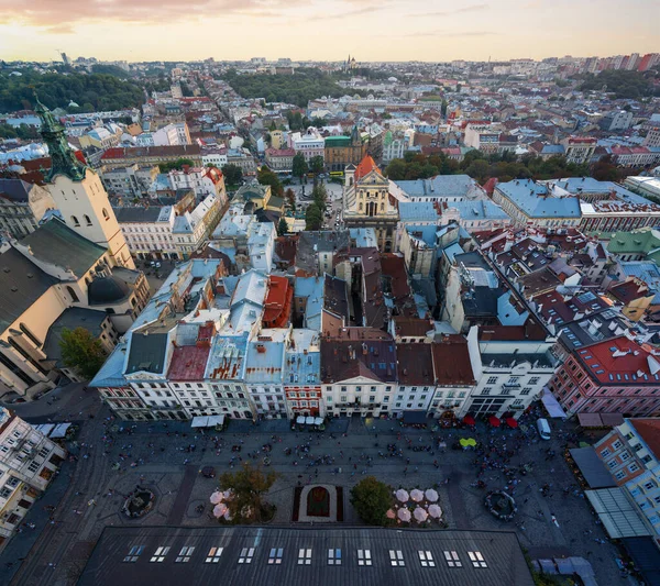 Vista Aérea Lviv Com Rynok Square Catedral Latina Igreja Jesuíta — Fotografia de Stock