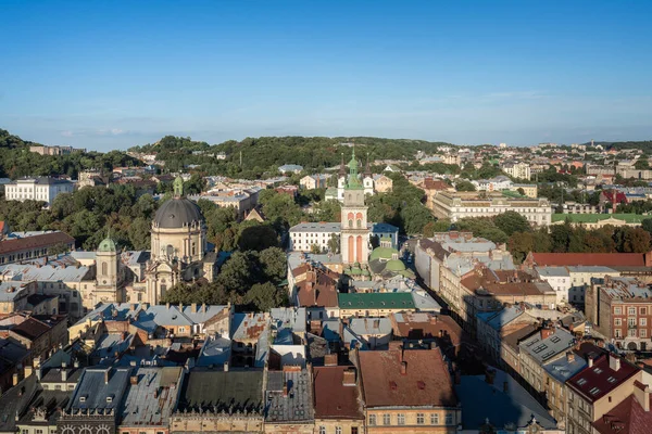 Vista Aérea Lviv Com Igreja Dominicana Mosteiro Igreja Dormição Torre — Fotografia de Stock