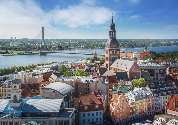 Kleurrijke Luchtfoto Van Riga Met Riga Kathedraal Vansu Brug Riga — Stockfoto