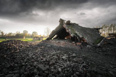 Auschwitz II 'deki kalıntılar ve gaz odası 2 - Birkenau, eski Alman Nazi Toplama ve İmha Kampı - Polonya
