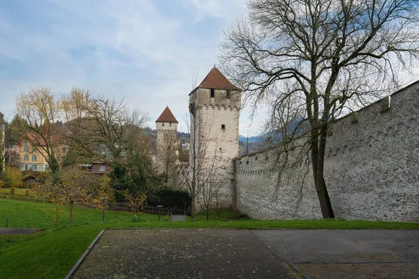Lucerna Musegg Wall Museggmauer Schirmer Tower Schirmerturm Lucerna Svizzera — Foto Stock