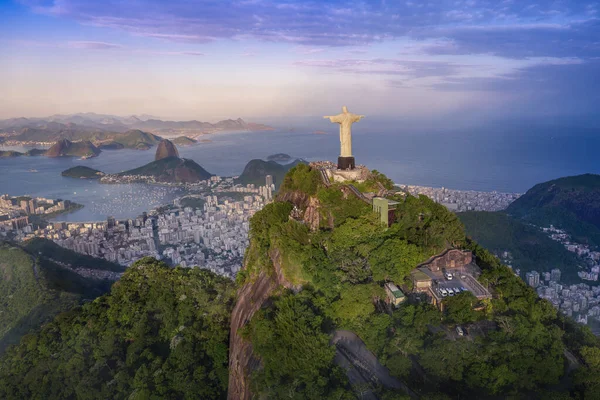 Aerial View Rio Corcovado Mountain Sugarloaf Mountain Guanabara Bay Sunset — Stock fotografie