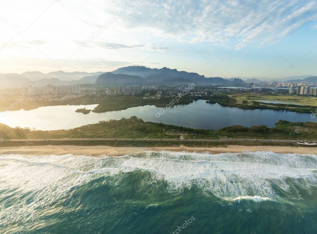 Aerial view of Reserva Beach, Marapendi Lagoon and Reserve at Barra da Tijuca - Rio de Janeiro, Brazil
