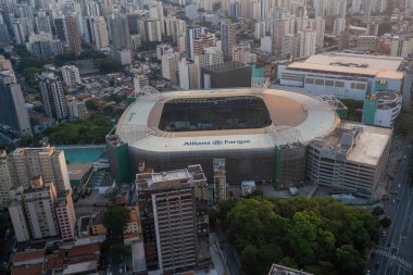 Sao Paulo, Brazil - Apr 24, 2022: Aerial view of Allianz Parque Soccer Stadium of Palmeiras Football Club - Sao Paulo, Brazil