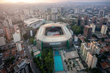Sao Paulo, Brazil - Apr 24, 2022: Aerial view of Allianz Parque Soccer Stadium of Palmeiras Football Club - Sao Paulo, Brazil