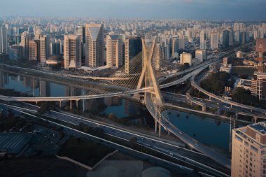 Aerial view of Octavio Frias de Oliveira Bridge (Ponte Estaiada) over Pinheiros River - Sao Paulo, Brazil clipart