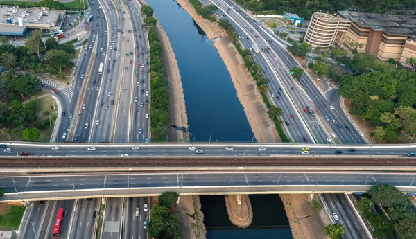 Marginal Tiete Highway Tiete River Cruzeiro Sul Bridge Aerial View — Foto de Stock