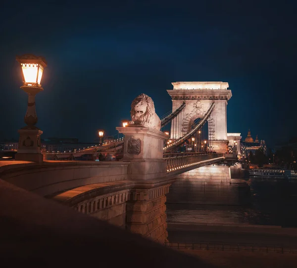 Řetězový Most Szechenyi Noci Budapešť Maďarsko — Stock fotografie
