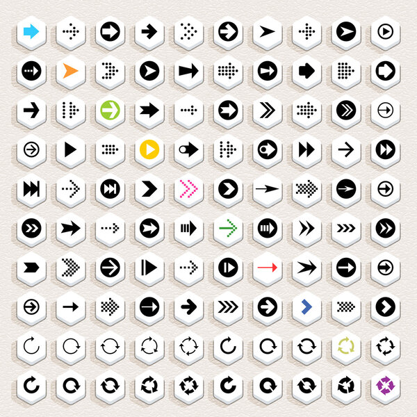 100 arrow sign icon set. Black pictogram on white circle shapes.