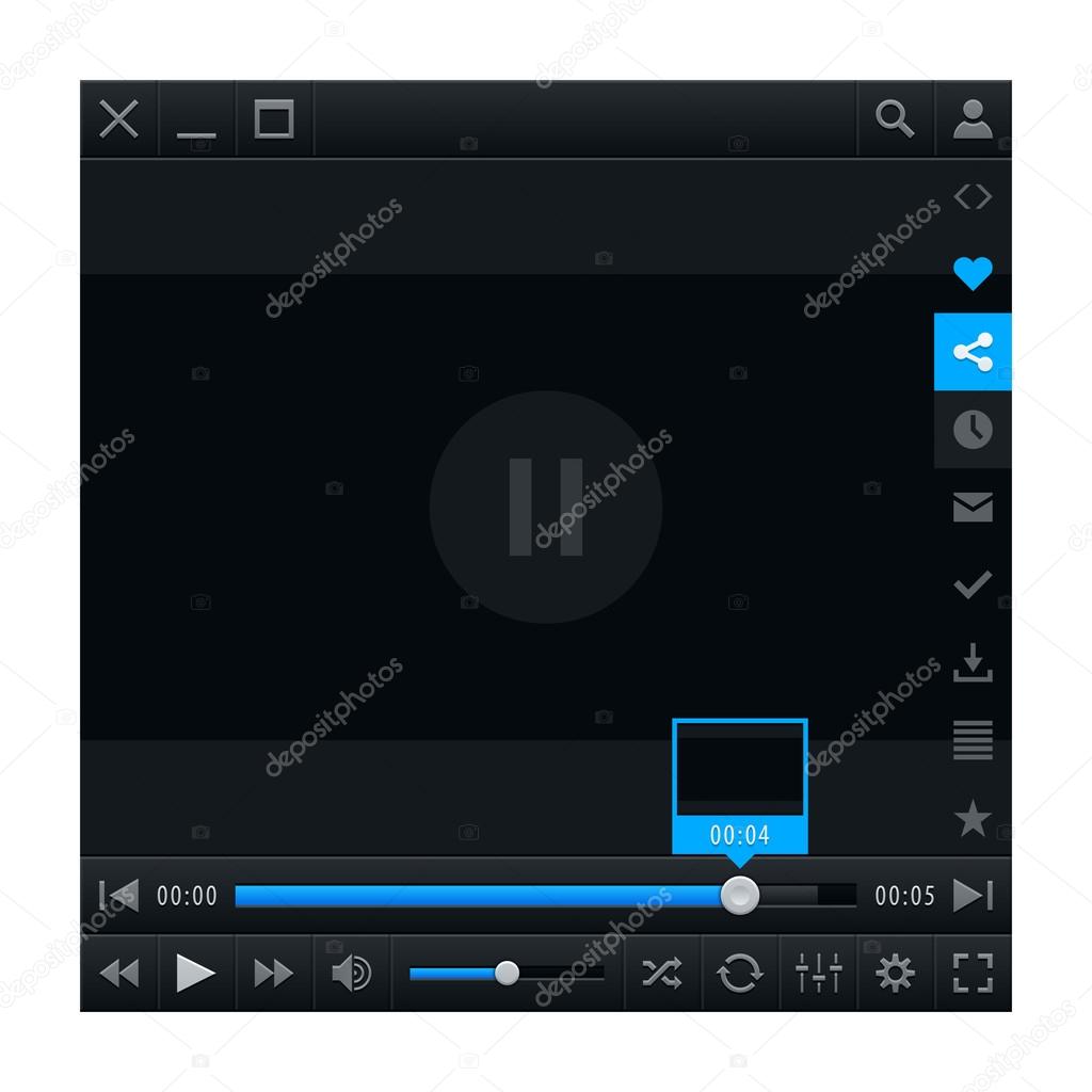 Media player with video loading bar. Contemporary classic dark style. Variation 02 (color blue). Vector illustration web design element saved in 10 eps
