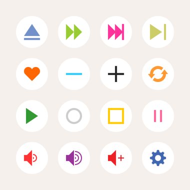 Media player kontrol düğmesi simgesi ayarla. mono tek renk düz düz düz kiremit. basit daire sticker Internet kayıt arka plan gri.