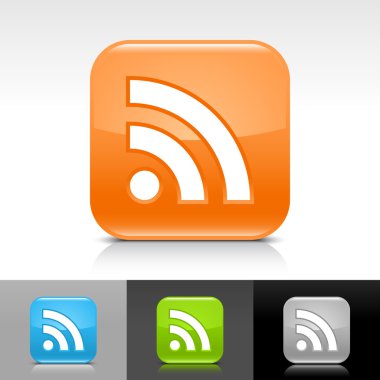 Beyaz rss işareti ile turuncu parlak web düğme. yuvarlatılmış kare şekli simge yansıma ve gölge beyaz, gri, siyah zemin üzerine.
