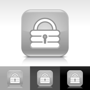 Beyaz parlak web düğme kilit işareti ekleyin. Yuvarlatılmış Kare şeklin gölge ve yansıma beyaz, gri ve siyah arka plan üzerinde simgesiyle