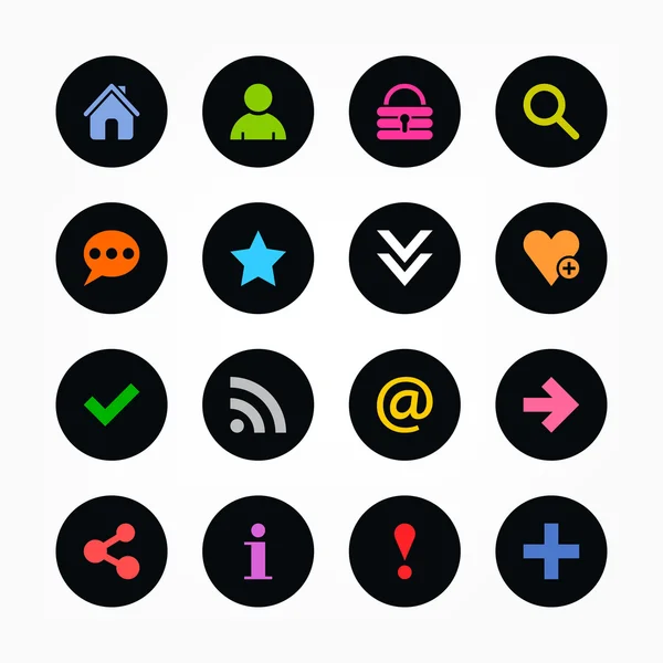 16 icono de colores populares con signo básico. Simple círculo forma botón de Internet sobre fondo gris . — Vector de stock