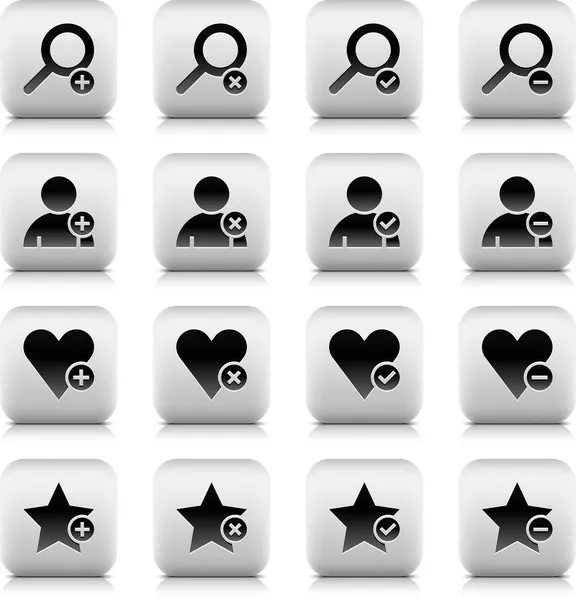 16 stone web pictogram set. Loupe, user, star, heart with plus, delete, check mark, minus sign. Simple black icon with colored element on white. Solid plain flat minimal style. — Stock Vector