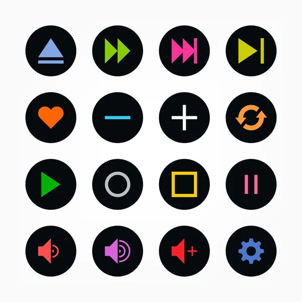 Media player control button ui icon set. Simple black circle sticker internet sign gray background. Vector illustration web design elements save in 8 eps. Newest style. — Stock Vector