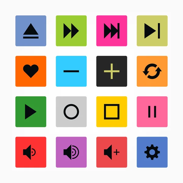 Media player control button ui icon set. Simple rounded glossy square sticker internet sign gray background. Solid plain mono one-color flat tile. — Stock Vector