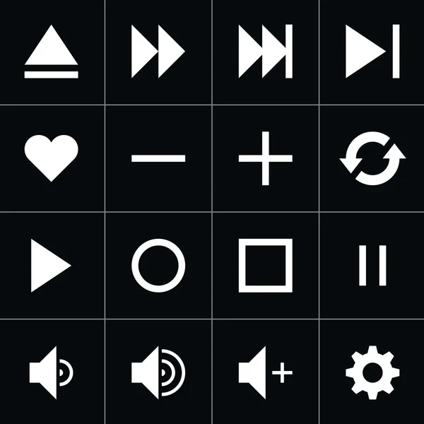 16 medio reproductor blanco pictograma botón de control conjunto de letreros — Archivo Imágenes Vectoriales