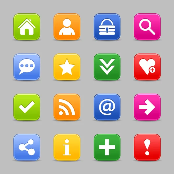 16 couleurs populaires icône avec signe de base. Bouton internet simple de forme carrée vitrée arrondie sur fond métallique. Style moderne contemporain simple . — Image vectorielle