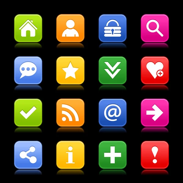 16 icono de colores populares con signo básico. Simple redondeado de cristal cuadrado botón de Internet forma sobre fondo negro. Estilo simple moderno contemporáneo . — Archivo Imágenes Vectoriales