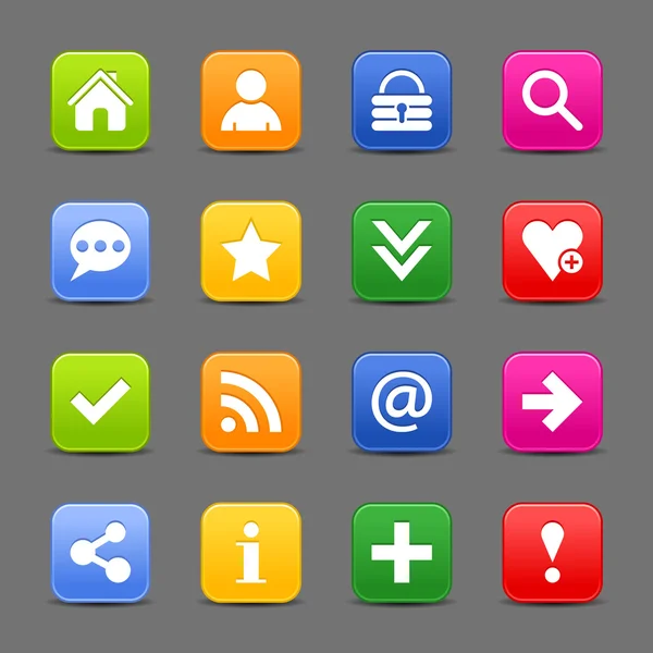 16 beliebte Farben Symbol mit grundlegenden Zeichen. einfache runde glasige quadratische Form Internet-Taste auf grauem Hintergrund. zeitgenössischer, einfacher Stil. — Stockvektor