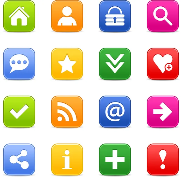 16 couleurs populaires icône avec signe de base. Simple arrondi verre carré forme bouton internet sur fond blanc. Style moderne contemporain simple . — Image vectorielle