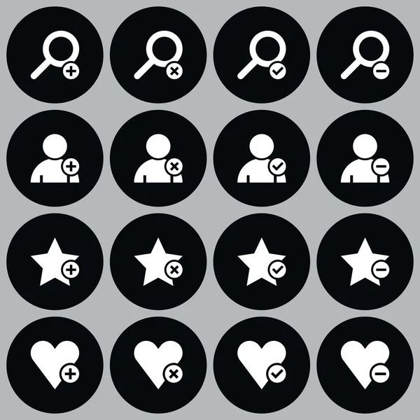 16 web pictogram set. Loupe, user, star, heart with plus, delete, check mark, minus sign. Simple black icon with white element on grey. — Stock Vector