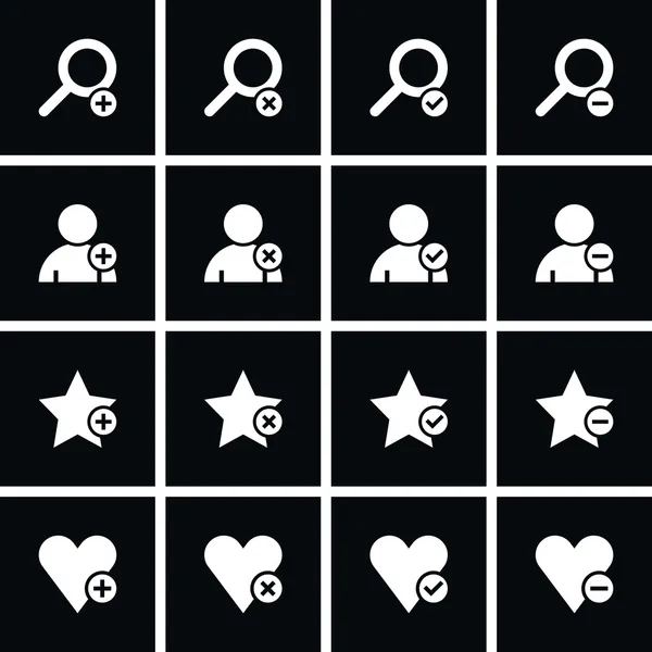 Loupe, user profile, star favorite, heart bookmark icon with plus, delete, check mark and minus sign. Black square internet button on black background. — Stock Vector