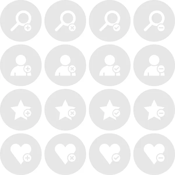 Lupe, Benutzerprofil, Sternenfavorit, Herz-Lesezeichen-Symbol mit Plus-, Lösch-, Häkchen- und Minuszeichen. 16 beliebte graue Kreis Form Internet-Taste auf weißem Hintergrund. — Stockvektor