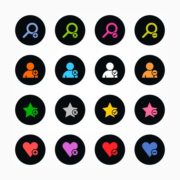Loupe, profil utilisateur, étoile préférée, signet coeur icône noire avec plus, supprimer, cocher et moins signe. 16 populaire bouton internet en forme de cercle noir sur fond blanc . — Image vectorielle