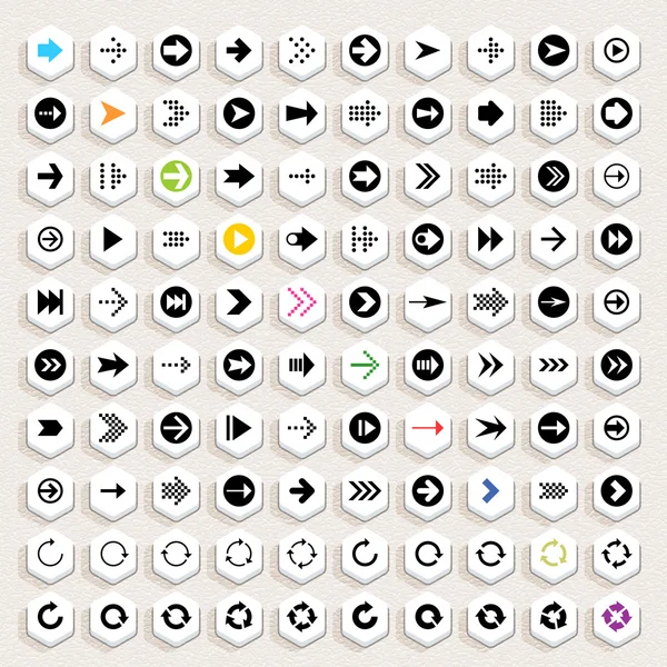 100 Pfeilzeichensymbole gesetzt. schwarzes Piktogramm auf weißen Kreisformen. modern, schlicht, flach, solide, mono, monochrom, schlicht, zeitgenössisch. Vektor Illustration web internet design element 8 eps — Stockvektor