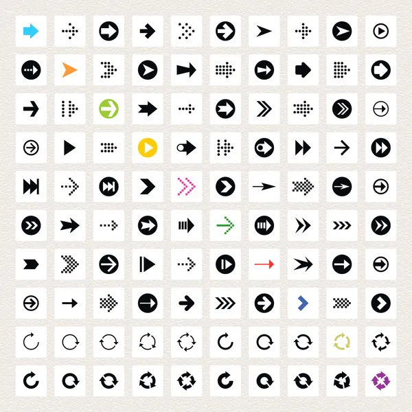 Ensemble d'icônes de 100 flèches. Pictogramme noir sur forme de cercle blanc. Moderne simple minimaliste, plat, solide, mono, monochrome, uni, style contemporain. Illustration vectorielle élément de conception internet 8 eps — Image vectorielle