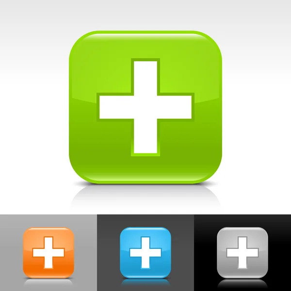 Зелена, помаранчева, синя, сіра глянцева веб-кнопка з білим знаком додавання — стоковий вектор