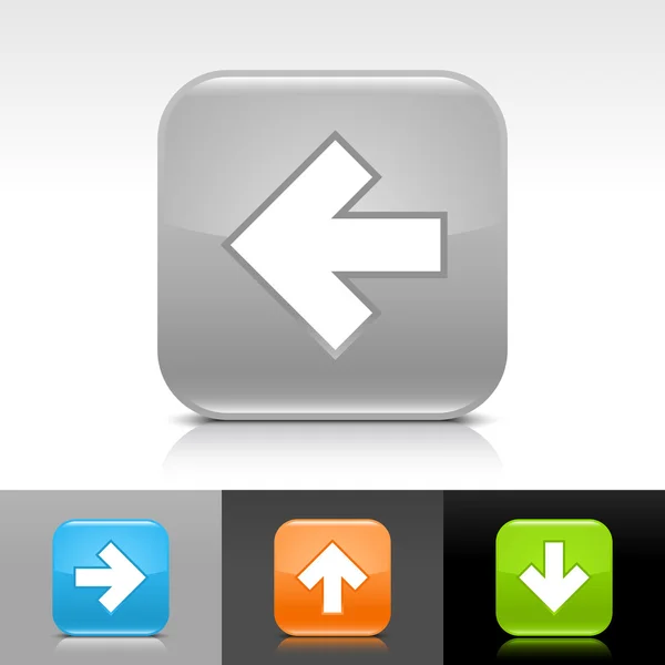 Bouton web brillant bleu, vert, gris et orange avec signe de flèche blanc — Image vectorielle