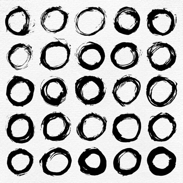 25 circle form black brush stroke. Drawing created in ink sketch handmade watercolour technique. Isolated aquarelle shapes on white background. Image of square format