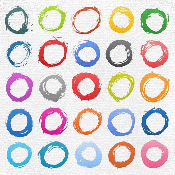 25 colore circle form brush stroke. Isolated aquarelle shapes on white background. Image of square format